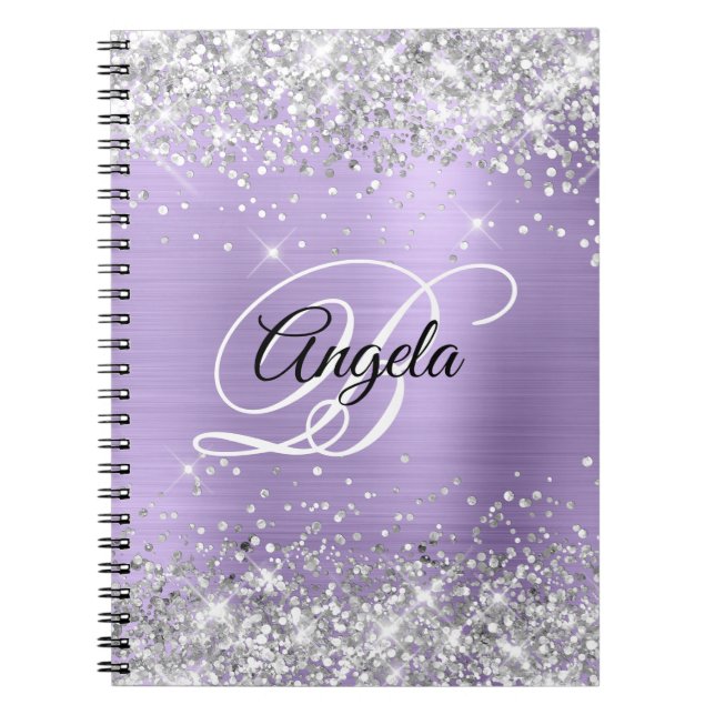 Silver Glitter Ljuslila Metallisk Fin Monogram Anteckningsbok (Framsidan)