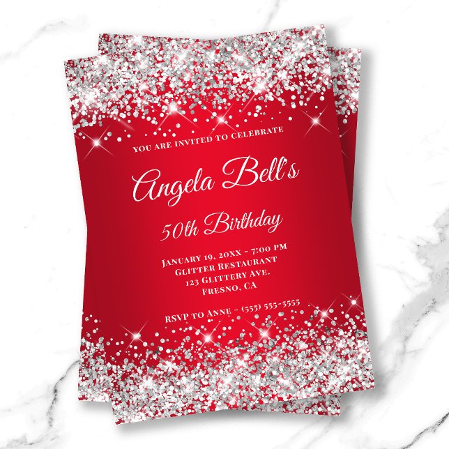 Silver Glitter Ljusröd Ombre Elegant Monogram Inbjudningar (Silver Glitter Bright Red Ombre Fancy Monogram Invitation)