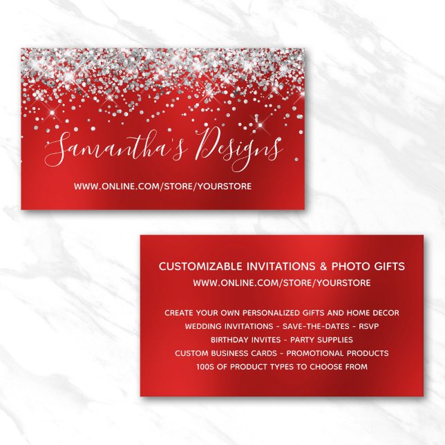 Silver Glitter Ljusröd Oscharp Butik Online Visitkort (Silver Glitter Bright Red Blur Online Store Business Card)