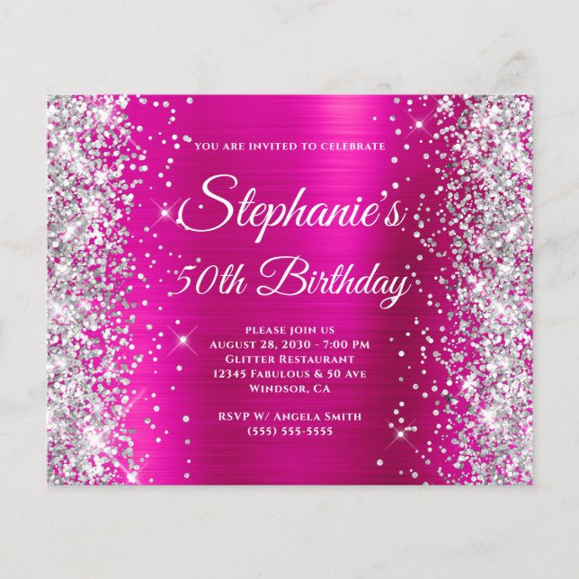 Silver Glitter Magenta Folie Monogram 50-årsfirand Flygblad (Framsidan)