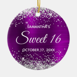 Silver Glitter Magenta Lila Foil Sweet 16 Julgransprydnad Keramik