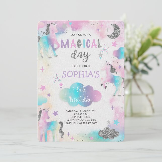 Silver Glitter Magic Unicorn Birthday Inbjudningar (Stående Fram)