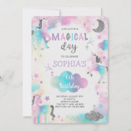 Silver Glitter Magic Unicorn Birthday Inbjudningar