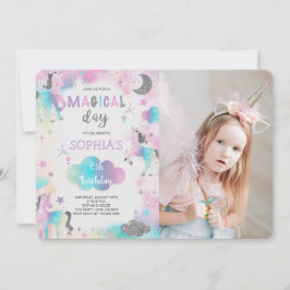 Silver Glitter Magic Unicorn Birthday Photo Inbjudningar