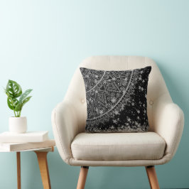Silver Glitter Mandala med Silver Stars på Svarta  Kudde