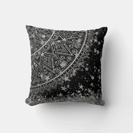 Silver Glitter Mandala med Silver Stars på Svarta  Kudde