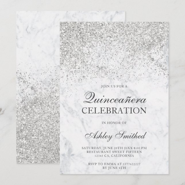 Silver glitter marble chic Quinceañera Inbjudningar (Fram/baksida)