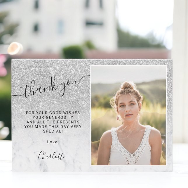Silver glitter marble Mbre 3 foton Söt 16 Tack Kort (Silver glitter marble ombre 3 photos Sweet 16 Thank You Card)