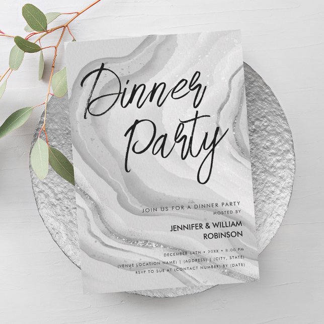 Silver Glitter Marble Script Middagsparty  Inbjudningar (Silver Glitter Marble Script Dinner Party Invitation)