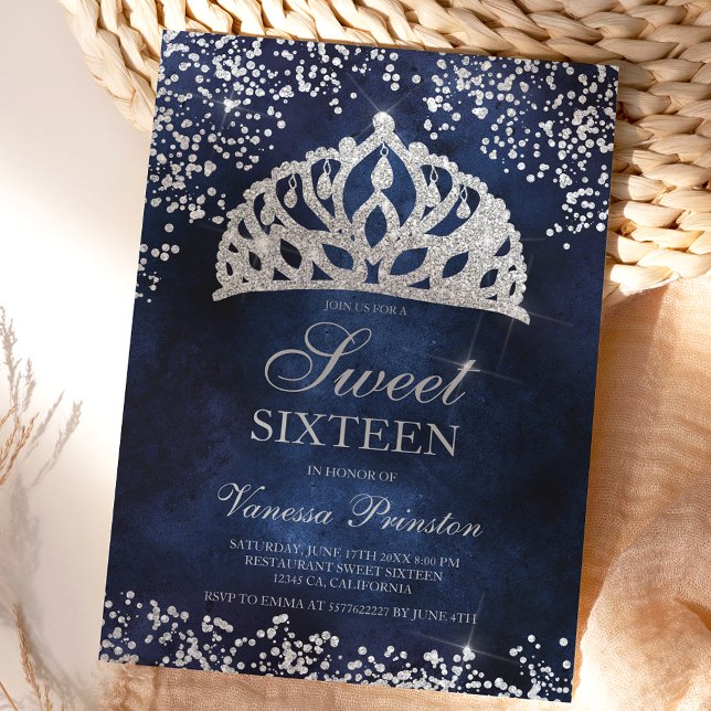 Silver glitter marin fotosparkles tiara Sweet 16 Inbjudningar (Skapare uppladdad)