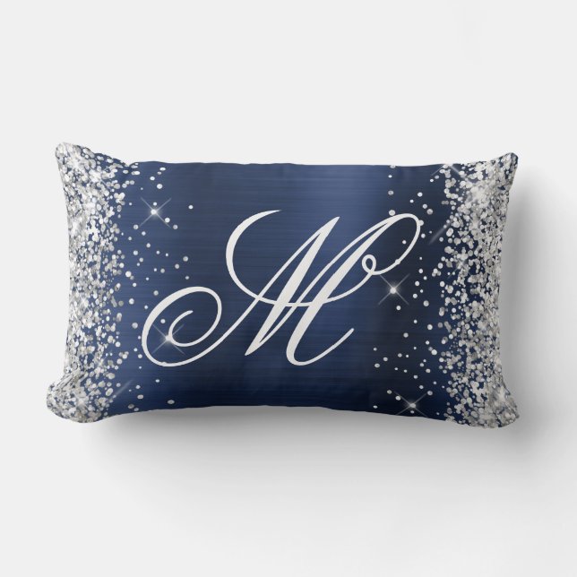 Silver Glitter Marinblå Folie Snygg Monogrammerad Lumbarkudde (Framsida)
