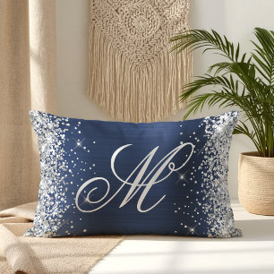 Silver Glitter Marinblå Folie Snygg Monogrammerad Lumbarkudde
