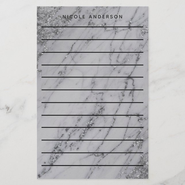 Silver Glitter Marmor Glam Trendig Modern Brevpapper (Framsida)