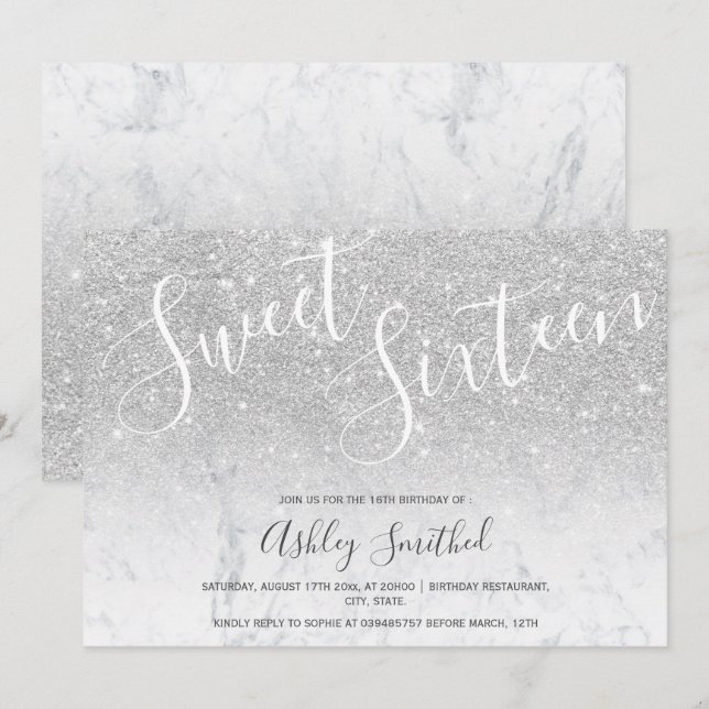 Silver glitter marmor sweet sixteen inbjudningar (Fram/baksida)