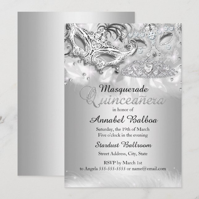 Silver Glitter Maskerad Quinceanera Inbjudan (Fram/baksida)