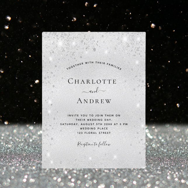 Silver glitter metall, det moderna elegant bröllop inbjudan vykort (Skapare uppladdad)