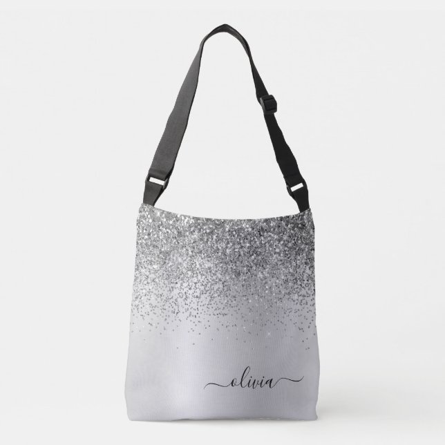 Silver Glitter Metall Monogram Glam Namn Axelväska (Framsida)