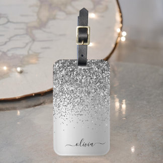 Silver Glitter Metall Monogram Glam Namn Bagagebricka