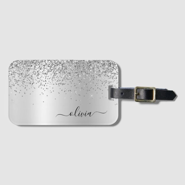 Silver Glitter Metall Monogram Glam Namn Bagagebricka (Framsida horisontal)