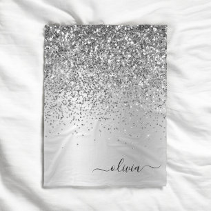 Silver Glitter Metall Monogram Glam Namn Fleecefilt