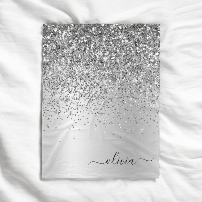 Silver Glitter Metall Monogram Glam Namn Fleecefilt (Skapare uppladdad)