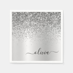Silver Glitter Metall Monogram Glam Namn Pappersservett