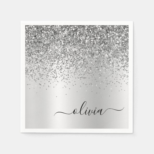 Silver Glitter Metall Monogram Glam Namn Pappersservett (Framsidan)