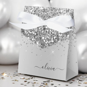 Silver Glitter Metall Monogram Glam Namn Presentaskar