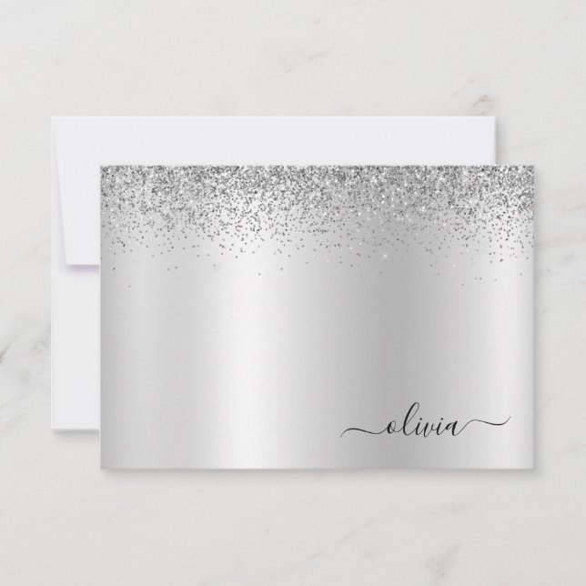 Silver Glitter Metall Monogram Glam Namn Tack Kort (Framsida)