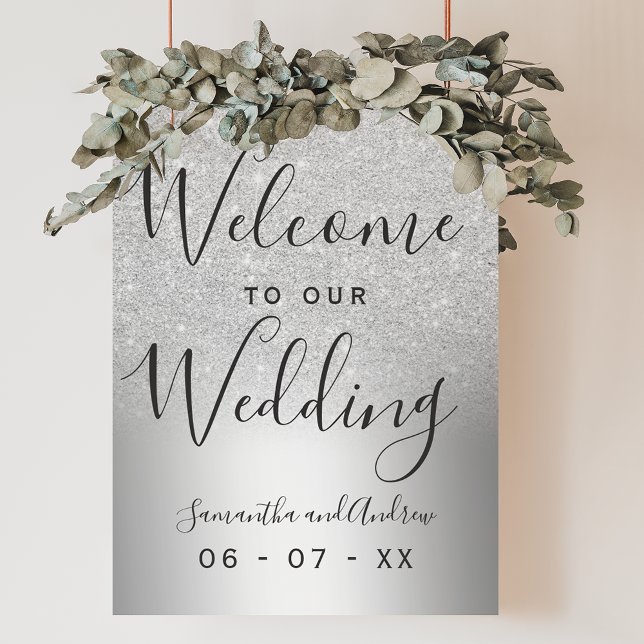 Silver glitter, metallen bröllop välkomnas poster (Silver glitter ombre metallic wedding welcome poster)
