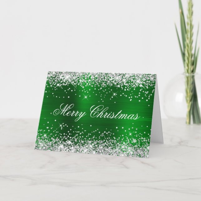 Silver Glitter Metallic Green Family Photo Kort (Framsida)