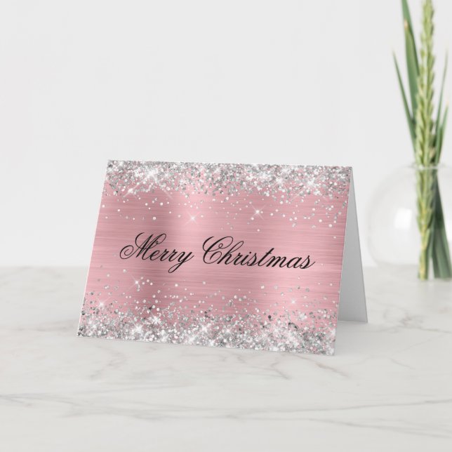 Silver Glitter Metallic Pink Family Photo Kort (Framsida)