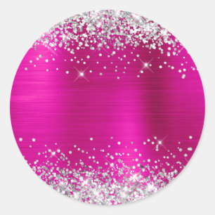 Silver Glitter Metallisk Hot Pink Blank Runt Klistermärke