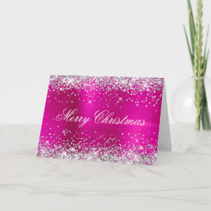 Silver Glitter Metallisk Hot Pink Familjefoto Kort