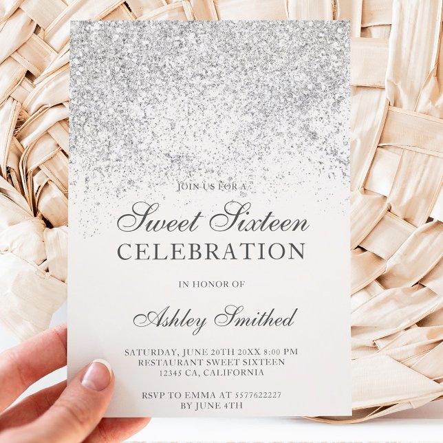 Silver glitter-miniatyrdiagram, vit chic sweet six inbjudningar (Skapare uppladdad)