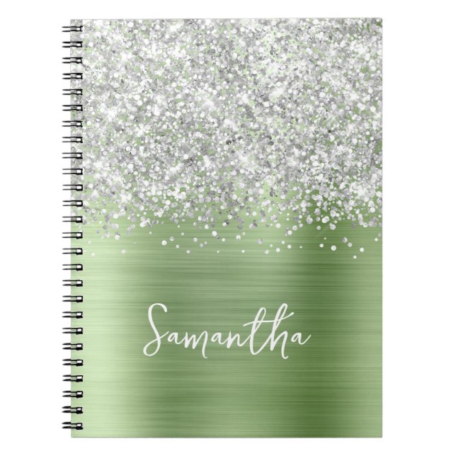 Silver Glitter Mint Glam Skriptnamn Anteckningsbok (Framsidan)