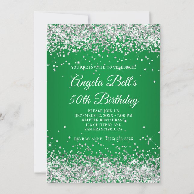 Silver Glitter Monogram Grönt Ombre 50:e födelseda Inbjudningar (Baksida)