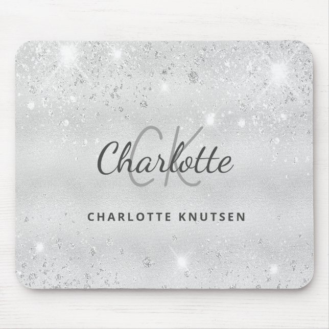Silver glitter monogram initails namn metalliska musmatta (Framsidan)