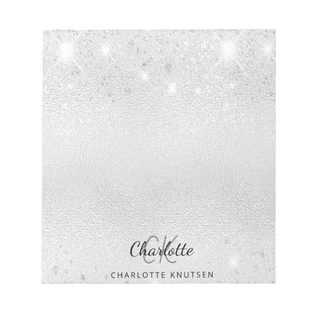 Silver glitter monogram initialer namn metalliskt anteckningsblock (Framsida)