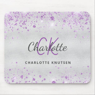 Silver glitter monogram lila namn metalliskt musmatta