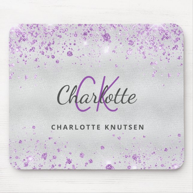 Silver glitter monogram lila namn metalliskt musmatta (Framsidan)