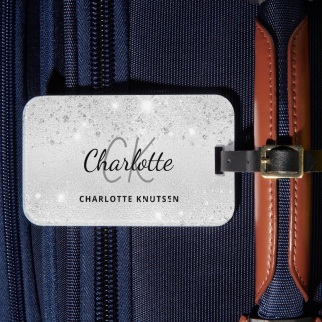 Silver glitter monogram namn elegant bagagebricka (Framsida Insitu 4)
