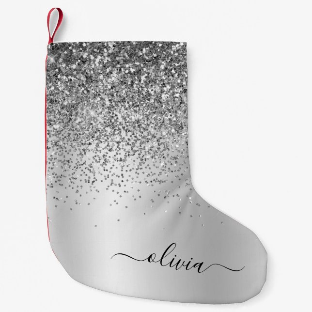 Silver Glitter Monogram Namn Luxury Girly Liten Julstrumpa (Framsidan)