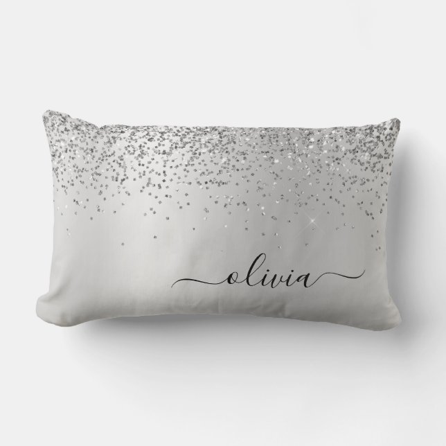 Silver Glitter Monogram Namn Luxury Girly Lumbarkudde (Framsida)
