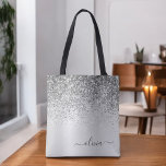 Silver Glitter Monogram Namn Luxury Girly Tygkasse<br><div class="desc">Silver Faux Gnistra och Glitter Metallic Stainless Steel Foil Elegant Monogram Bok Bag. Denna Bok-bag kan anpassas så att den omfattar ditt första och första namn och ges som julklapp,  Sverige 16 födelsedagar,  Möhippa eller Bröllop.</div>