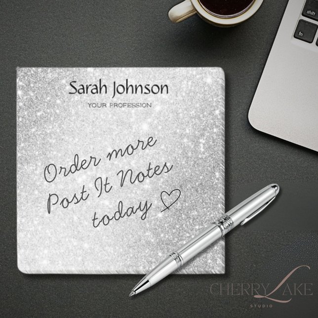 Silver Glitter Monogram Personligt Namn Post-it Block (Skapare uppladdad)