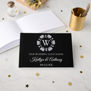 Silver Glitter Monogram Poker Chip Casino Bröllop Gästböcker