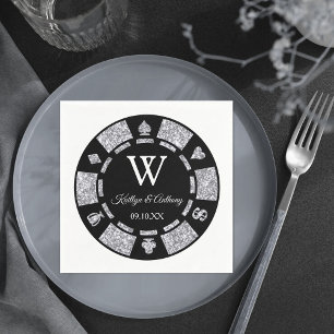 Silver Glitter Monogram Poker Chip Casino Bröllop Pappersservett