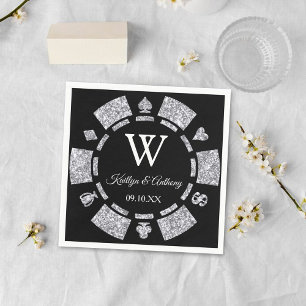 Silver Glitter Monogram Poker Chip Casino Bröllop Pappersservett