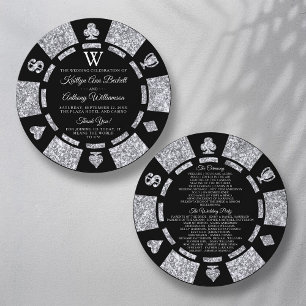 Silver Glitter Monogram Poker Chip Casino Bröllop Program